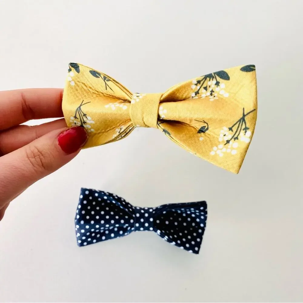 NEW HANDMADE Navy Blue Polka Dot Yellow Floral Dog Cat Collar Elastic Bow Tie
